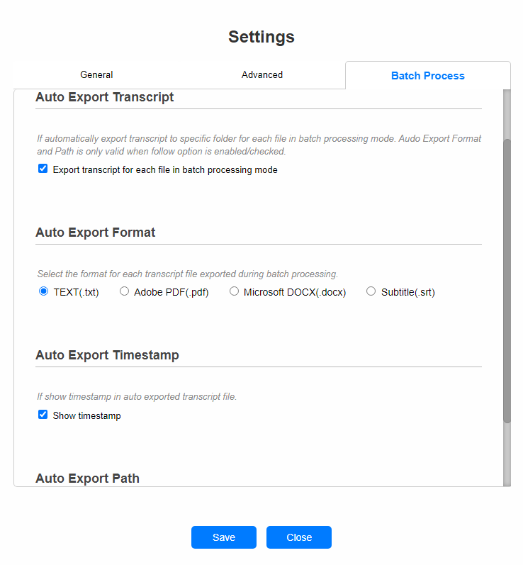 Batch Process Settings